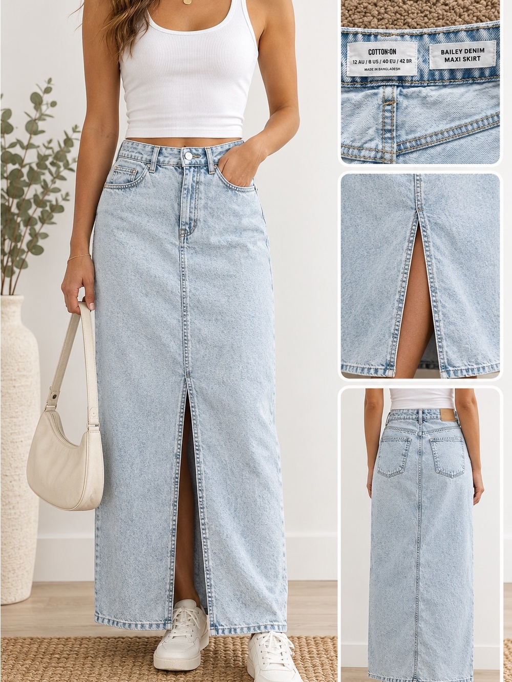 Cotton On Bailey Denim Maxi Skirt Light Wash High Rise 100% Cotton Front Slit
